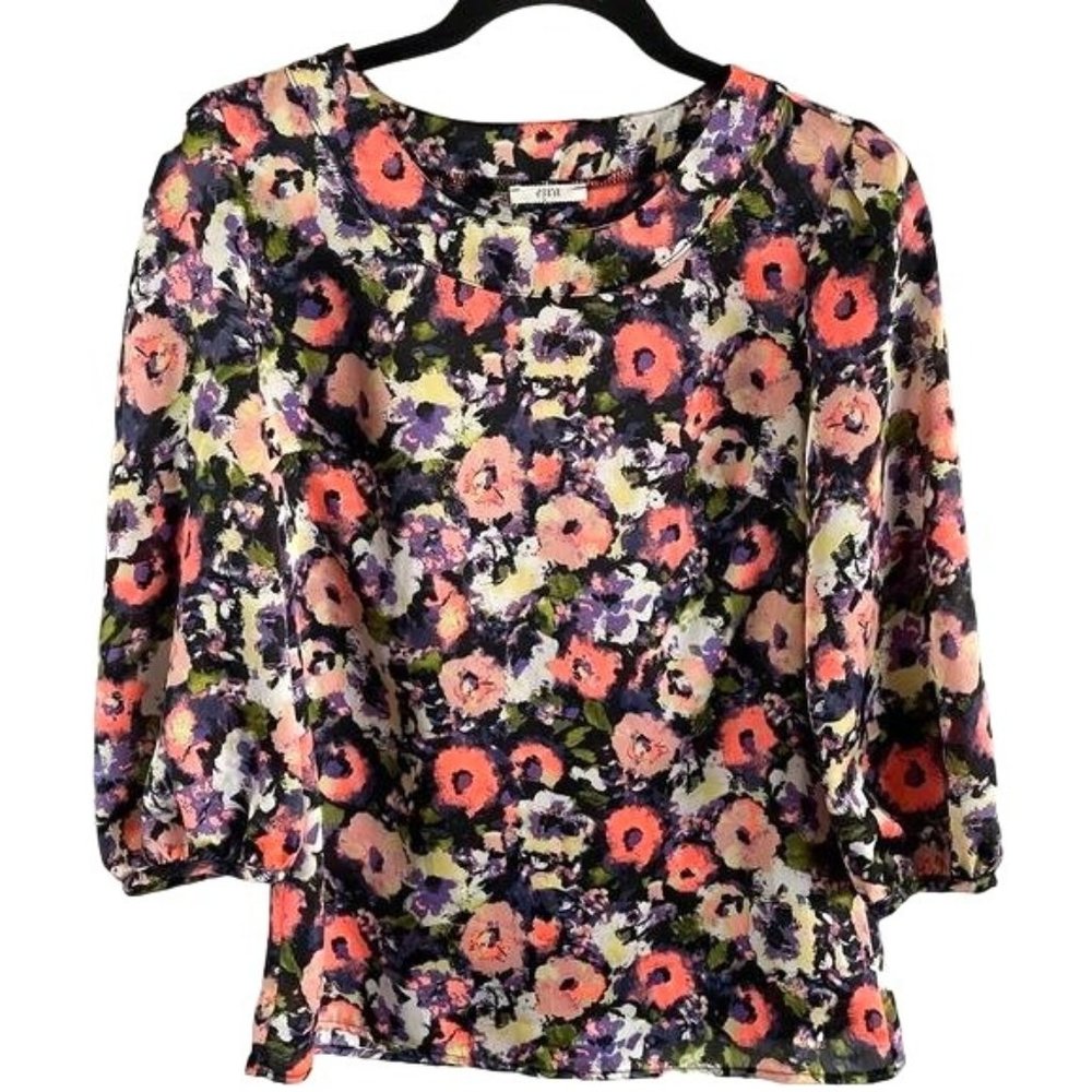 Ezra Neon Orange, Purple, Yellow Women’s 3/4 Sleeve Semi-Sheer Floral Blouse, Sm